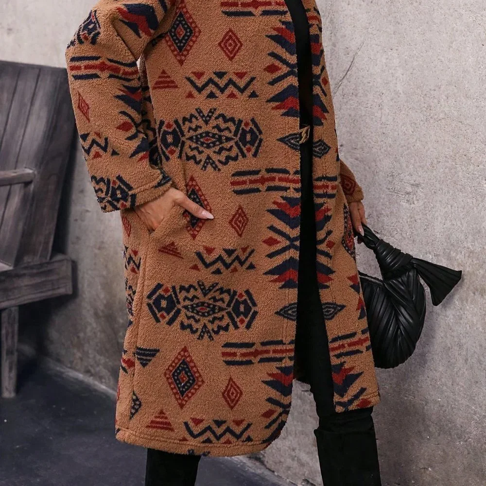 Brown Preppy Womens Geo Print Drop Shoulder Open Front Coat - Picture 4 of 5